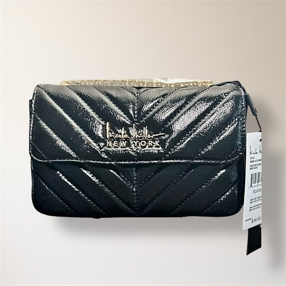 New Nicole Miller Black‎ Quilted Crossbody Bag Chevron Gold Chain Cocktail Party